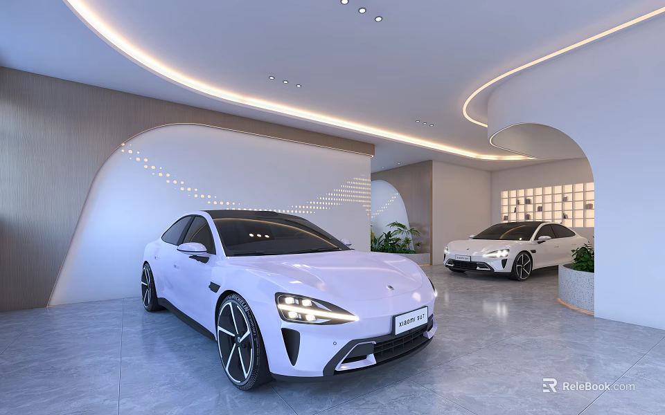 Sleek Modern Cars In Contemporary Showroom With Curved Lighting And Stylish Design 3d model 