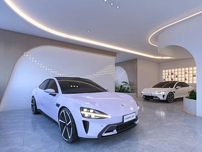 Sleek Modern Cars In Contemporary Showroom With Curved Lighting And Stylish Design 3d model