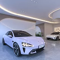 Sleek Modern Cars In Contemporary Showroom With Curved Lighting And Stylish Design
