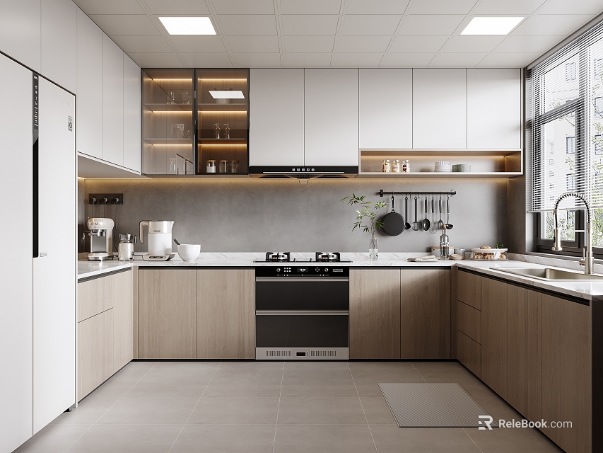 Modern Kitchen Interior With White And Wooden Cabinets Gray Countertop Oven Refrigerator And Window 3d model 