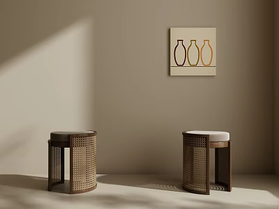Modern Woven Rattan Stools With Soft Cushion For Warm Minimalist Neutral Home Interior Decor 3d model