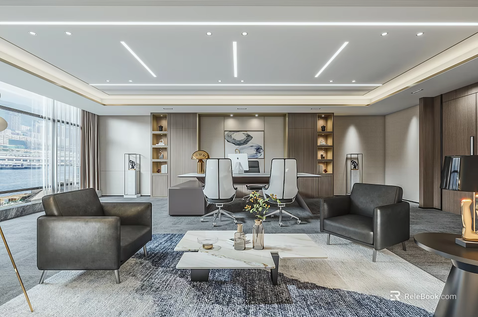 Modern Office Interior Design With Leather Sofas Coffee Table Bookshelves And Floor To Ceiling Windows 3d model