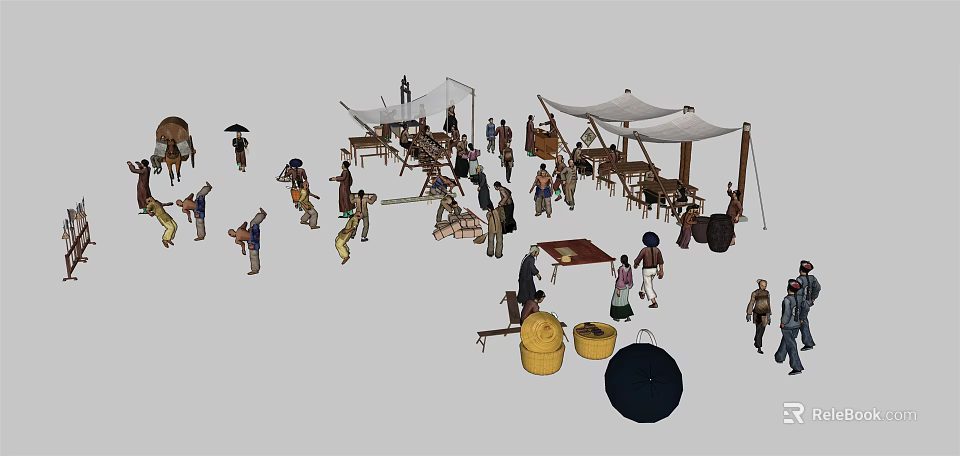 Traditional Outdoor Market Scene With People Activities Tents And Various Goods 3d model 