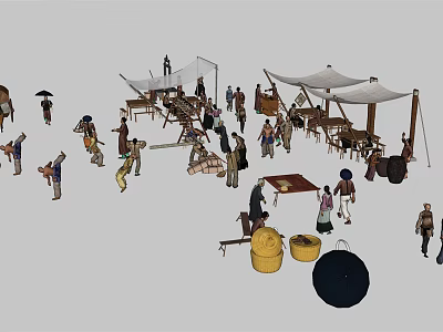 Traditional Outdoor Market Scene With People Activities Tents And Various Goods 3d model
