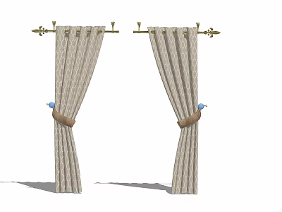 Striped Curtains With Decorative Rod Ends Brown Tiebacks And Blue Bird Decorations 3d model