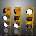 Three Yellow Traffic Lights With Classic Design And Round Metal Lenses
