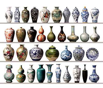 Assorted Ceramic Vessels Including Vases Jars Plates With Various Colors Decorative Patterns And Shapes 3d model