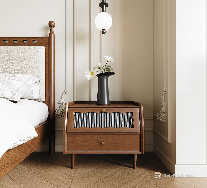 Brown Wooden Bedside Table With Vase White Flowers In Light Wall Bedroom Interior 3d model 