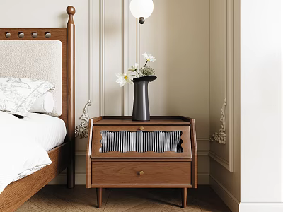 Brown Wooden Bedside Table With Vase White Flowers In Light Wall Bedroom Interior 3d model