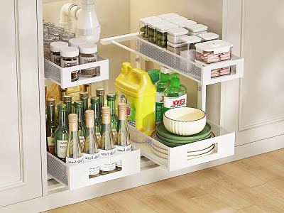 Organized Kitchen Cabinet Drawers With Storage Boxes Spices Cooking Oil And Dishes 3d model