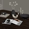 Decorative Ornament Set With Black Vase Dried Flowers White Figurine Black Bowl On Wooden Table