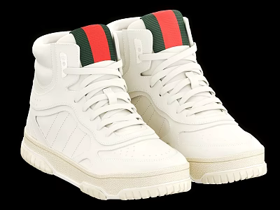 White High Top Leather Sneakers With Red And Green Stripes And Lace Up Design 3d model