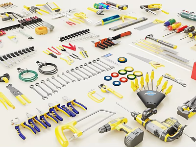 Hardware Tools Essential Collection With Wrenches Screwdrivers Hammers Pliers And Drills 3d model