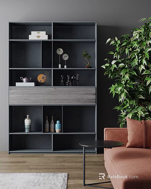 Modern Dark Gray Bookcase With Wooden Panel Decorative Items Small Plant And Greenery 3d model 