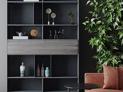 Modern Dark Gray Bookcase With Wooden Panel Decorative Items Small Plant And Greenery 3d model