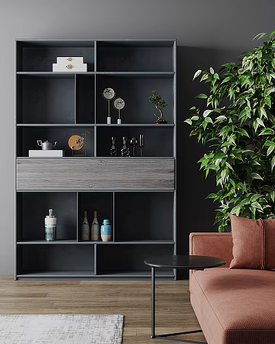 Modern Dark Gray Bookcase With Wooden Panel Decorative Items Small Plant And Greenery 3d model
