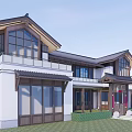Traditional Chinese Detached Villa With Courtyard Wooden Gateway And Glass Windows