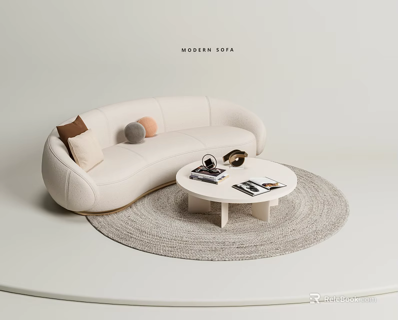 Modern White Sofa and Round Coffee Table Set with Colorful Pillows and Light Gray Rug 3d model 