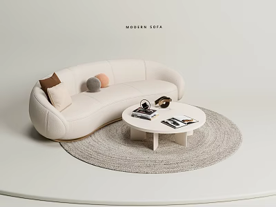 Modern White Sofa and Round Coffee Table Set with Colorful Pillows and Light Gray Rug 3d model