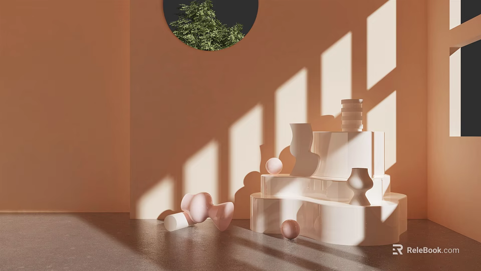 Minimalist Interior With Geometric White Pink Objects Circular Window Plant And Shadow 3d model