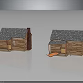 Two Wooden Cabins With Gray Shingle Roof Brick Chimney And Front Porch