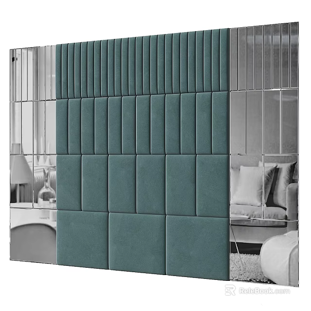 Modern Bedroom Accent Wall Design With Green Tufted Panels And Mirror Frames 3d model 