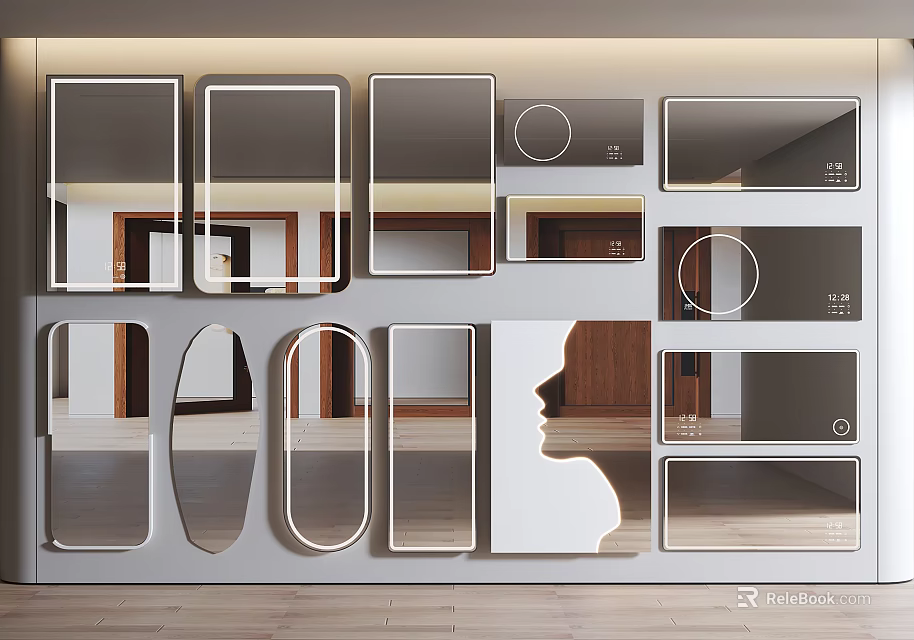 Multiple Shaped Mirrors Showcased On Interior Wall In Modern Home 3d model 