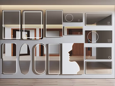 Multiple Shaped Mirrors Showcased On Interior Wall In Modern Home 3d model