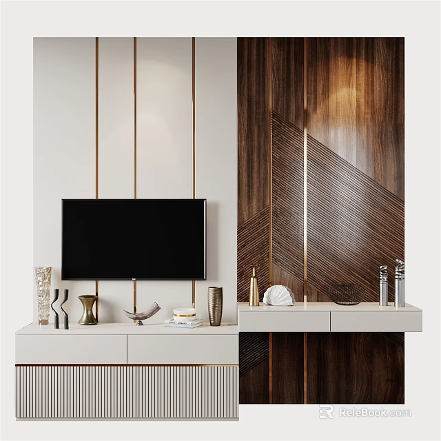 Modern Luxury TV Background Wall With White Panel Dark Wood Gold Lines And Decorative Items 3d model 