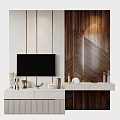Modern Luxury TV Background Wall With White Panel Dark Wood Gold Lines And Decorative Items
