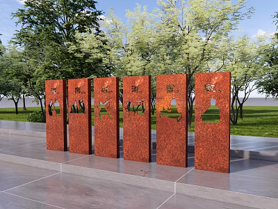 Outdoor Landscape Sculptures Rusty Red Steel Cutout Nature Patterns With Green Trees Grass And Water 3d model