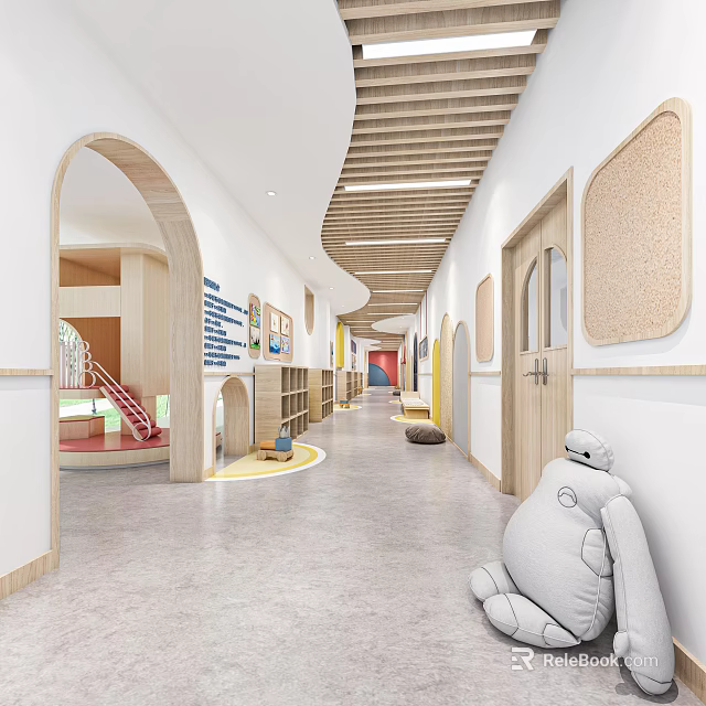 Elevator Corridor in Kindergarten with Arched Doorways Wooden Ceiling Cork Boards and Gray Floor 3d model 