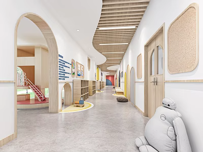 Elevator Corridor in Kindergarten with Arched Doorways Wooden Ceiling Cork Boards and Gray Floor 3d model