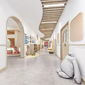Elevator Corridor in Kindergarten with Arched Doorways Wooden Ceiling Cork Boards and Gray Floor