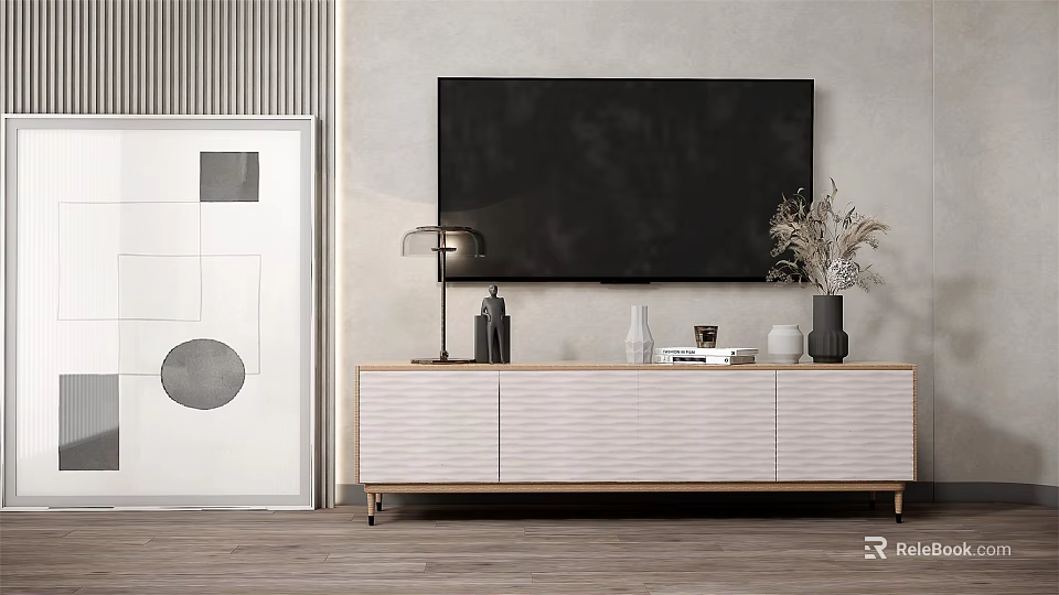 Modern Minimalist TV Stand With Wall Mounted TV Table Lamp And Decorative Items 3d model 