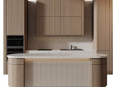 Modern Kitchen Wooden Cabinets With Island Counter And Textured Quartz Backsplash 3d model