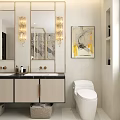 Tropical Plant Wallpaper Bathroom Interior With White Bathtub Golden Frame Mirror And Pendant Lights