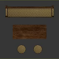 Public Wooden Bench With Woven Seat And Matching Table Stools
