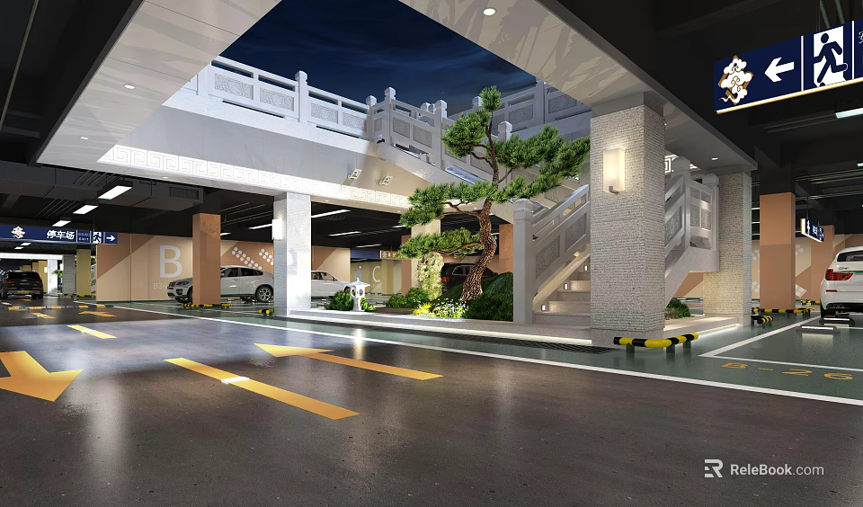 Modern Parking Garage Interior Design With Staircase Pine Tree Vehicles And Yellow Lane Markings 3d model 