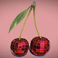 Red Mirrored Mosaic Cherry Shaped Decorative Ornament Set With Green Leaf And Stem