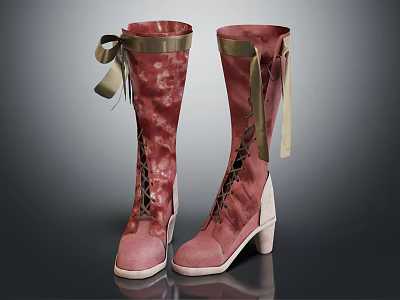 Red Lace Up Long Boots With Golden Ribbon Bow And White Heels 3d model