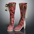 Red Lace Up Long Boots With Golden Ribbon Bow And White Heels
