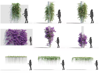 Various Decorative Vines In Green Purple Hues With Vertical Hanging Growth And Silhouette Figures 3d model