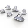 Multiple Silver Metallic Helmets Various Ancient Warrior Weaponry Headgear Designs