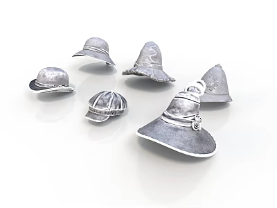 Multiple Silver Metallic Helmets Various Ancient Warrior Weaponry Headgear Designs 3d model