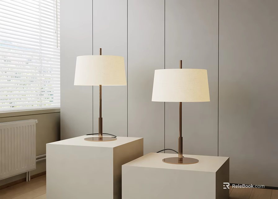Two Modern Floor Lamps With White Fabric Shades And Metal Stands On White Cube Bases 3d model 
