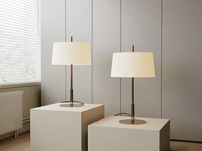 Two Modern Floor Lamps With White Fabric Shades And Metal Stands On White Cube Bases 3d model