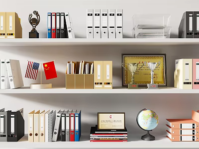 Organized Office Shelf with Binders Trophies American and Chinese Flags Globe Certificate and Books 3d model