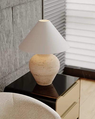 Table Lamp White Cone Lampshade Beige Textured Base on Black Tabletop Gray Wall White Shutters 3d model