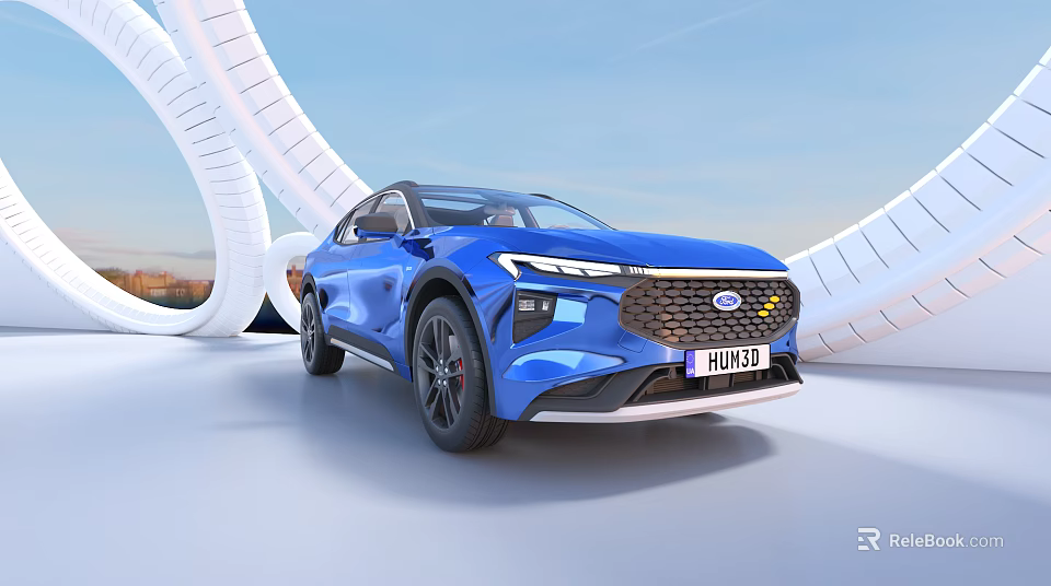 Modern Blue Ford SUV Parked With White Curved Structures And Cityscape Under Blue Sky 3d model 